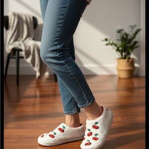 Cozy White Slippers with Red Floral Design